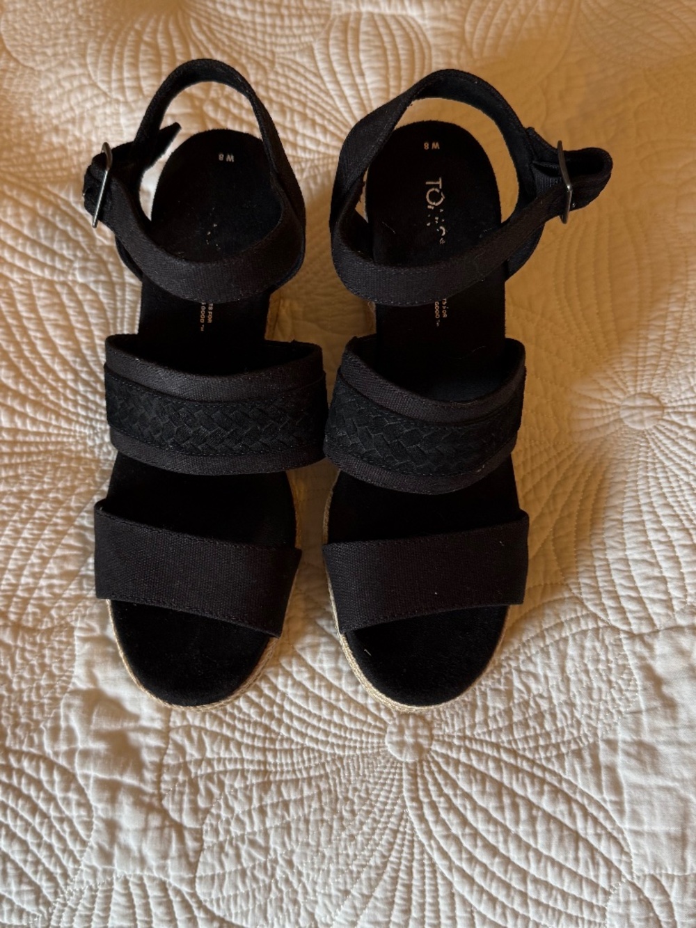 TOMS Black Espadrille Wedge Sandals Size 8 | Ankle Strap Platform Summer Shoes
